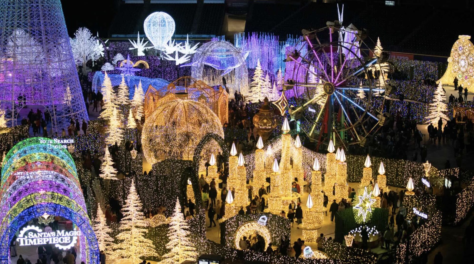 Magical Christmas light display welcoming families to Enchant.