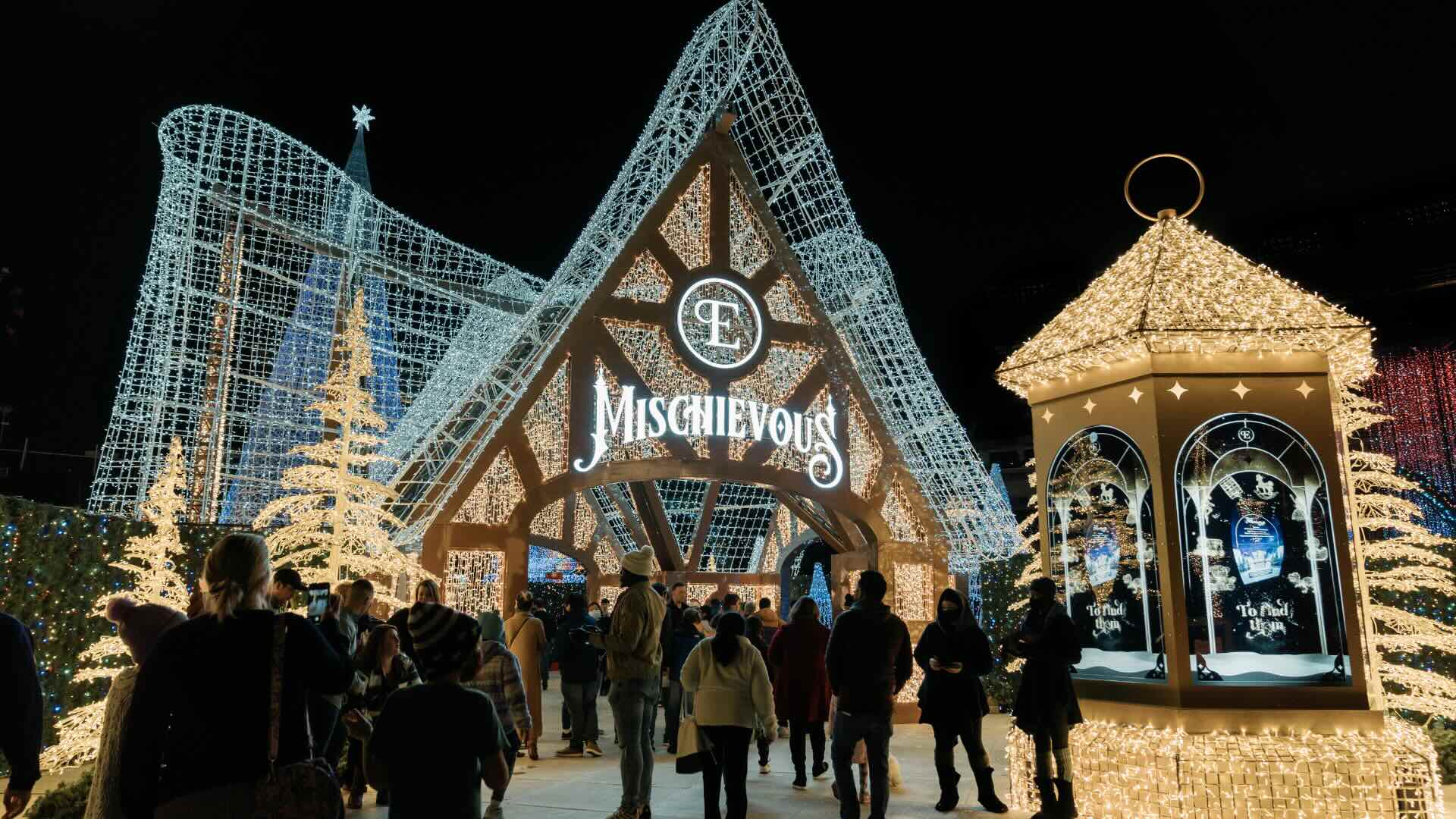 Magical Christmas light display welcoming families to Enchant.