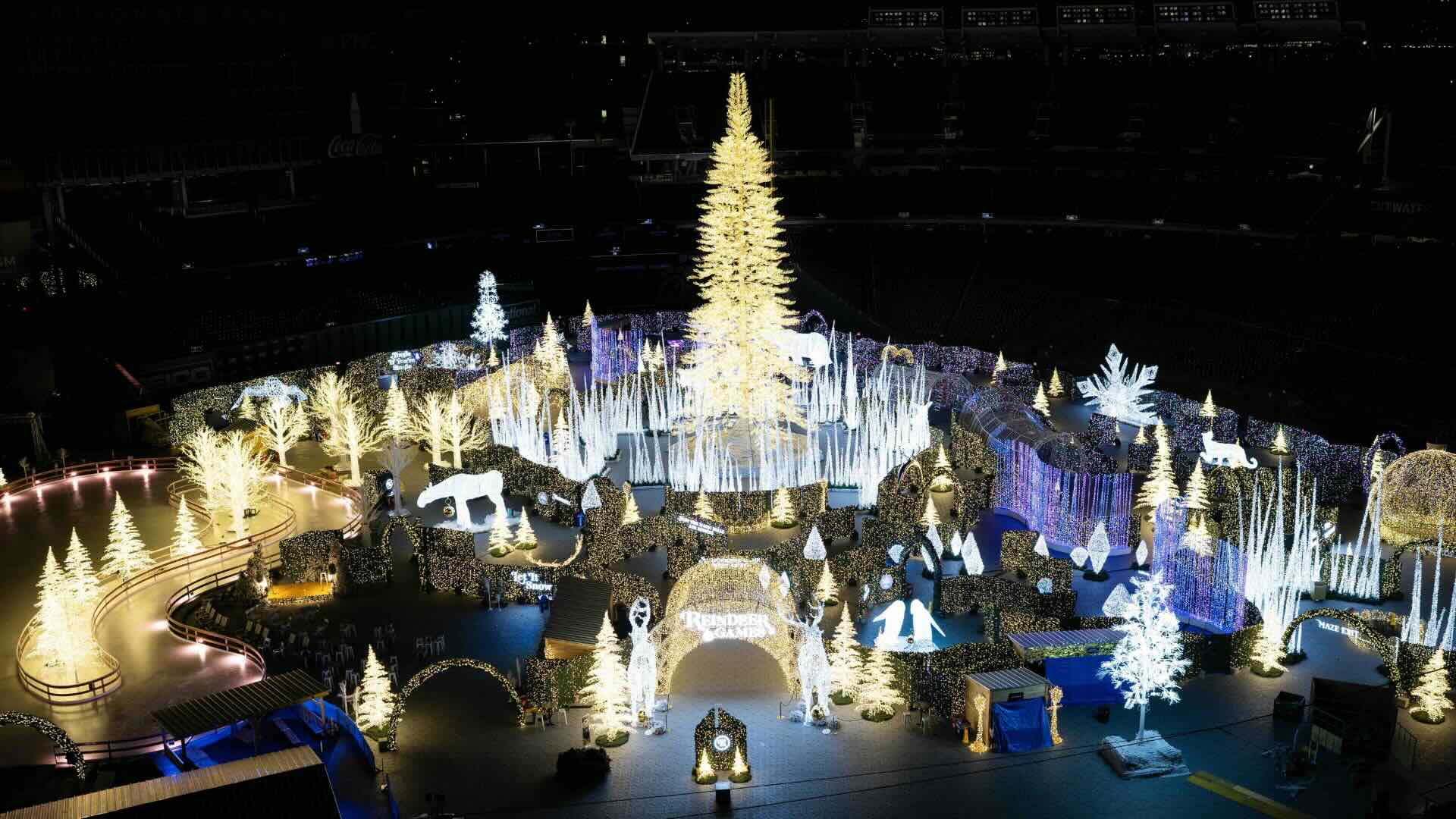Magical Christmas light display welcoming families to Enchant.